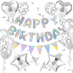 Silver Happy Birthday Decorations Kit, Iridescent Happy Birthday Banner and Penn