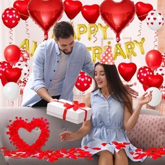 Happy Anniversary Decorations Kit – Gold Happy Anniversary Banner, Red Heart …