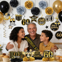 60Th Birthday Decorations for Men, Black and Gold 60 Year Old Party Supplies, Ba