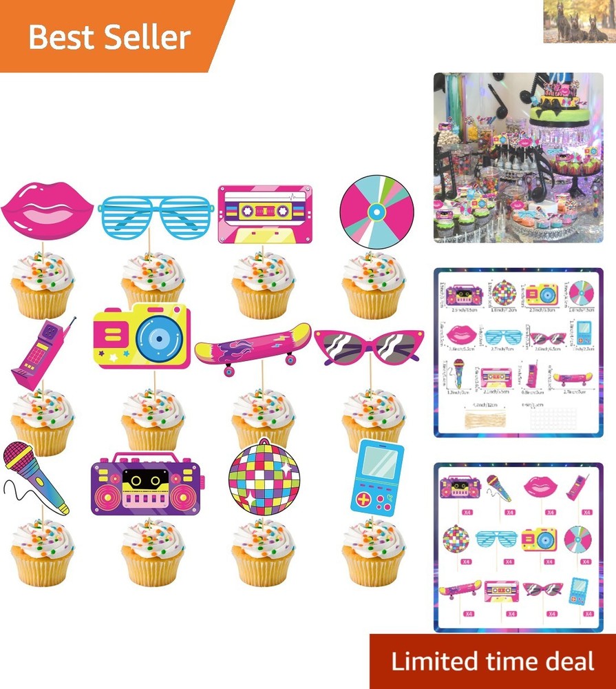 Vibrant 90s Party Decorations: 48 Pcs Cupcake Picks for Themed Celebrations