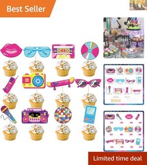 Vibrant 90s Party Decorations: 48 Pcs Cupcake Picks for Themed Celebrations