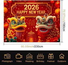 2026 Chinese New Backdrop 8x6ft Lion Dance Lantern Banner for Celebrations
