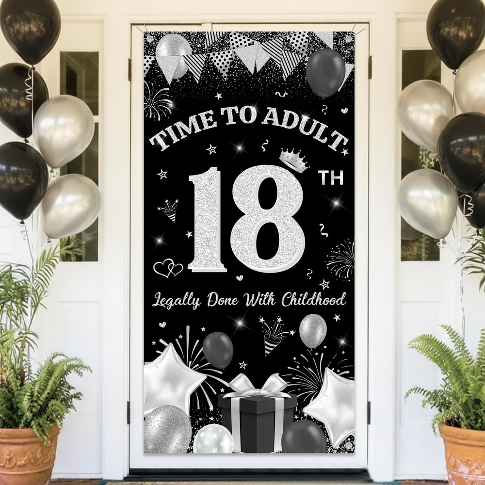 Happy 18th Birthday Decorations for Boys- Black Silver Fabric Banner Backdrop…