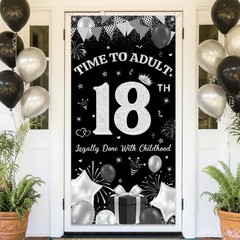 Happy 18th Birthday Decorations for Boys- Black Silver Fabric Banner Backdrop…