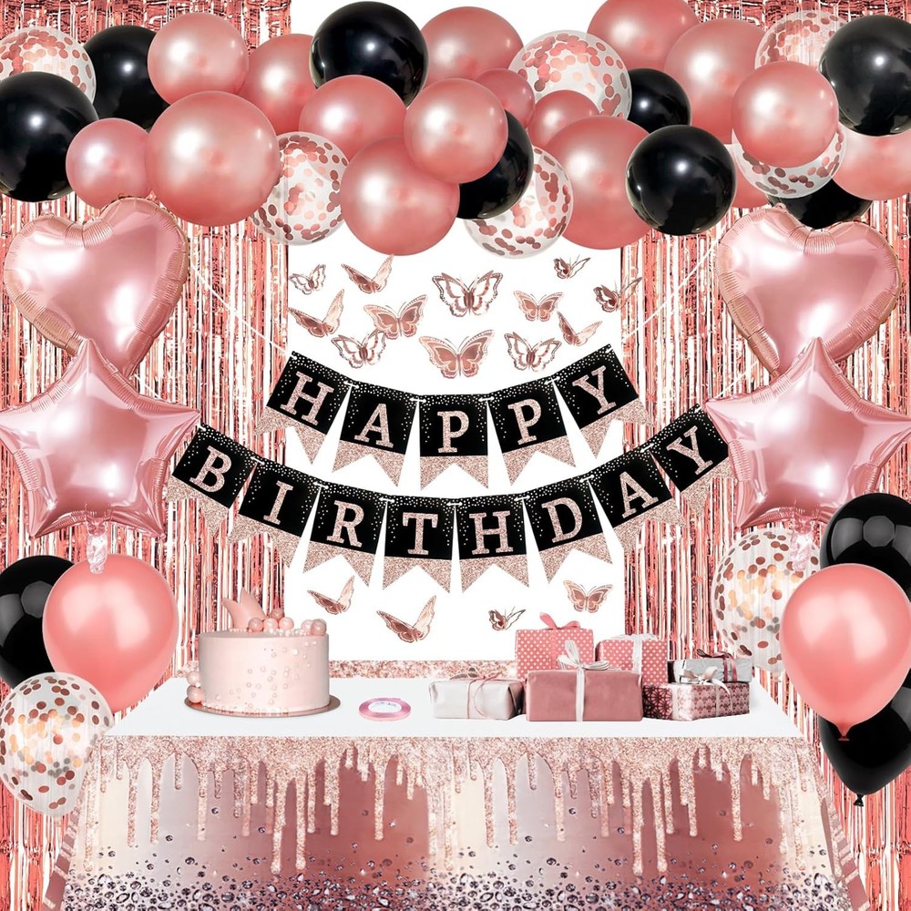 Birthday Party Decorations for Women, Rose Gold Black Happy Birthday Banner T…