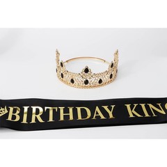 King Crown and Birthday Sash for Men, Gold Rhinestone Tiara Prince Black