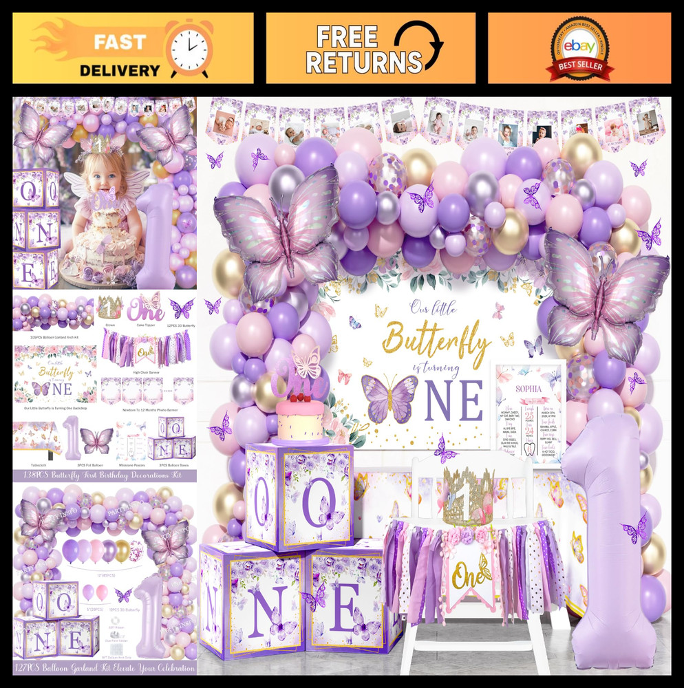 Butterfly First Birthday Party Supplies – 138PC Pink Purple Decor, Backdrop, Bal