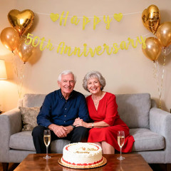 2Pcs Happy 50Th Anniversary Banner, Pre-Strung Glitter Gold 50Th Wedding Anniver