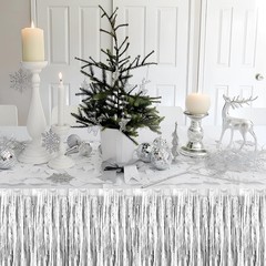 3 Pack 29×108 Inch Silver Foil Fringe Table Skirts Metallic Banner for Tinsel