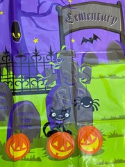 HALLOWEEN BANNER Spooky HAUNTED HOUSE Large Plastic 64″ x 48″ Cemetery Vintage