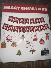Merry Christmas Banner with Pre-Strung Red Green Hanging Swirls Party Decor