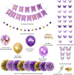 Purple Birthday Decorations for Women Girls Butterfly Hanging Garland Happy Birt