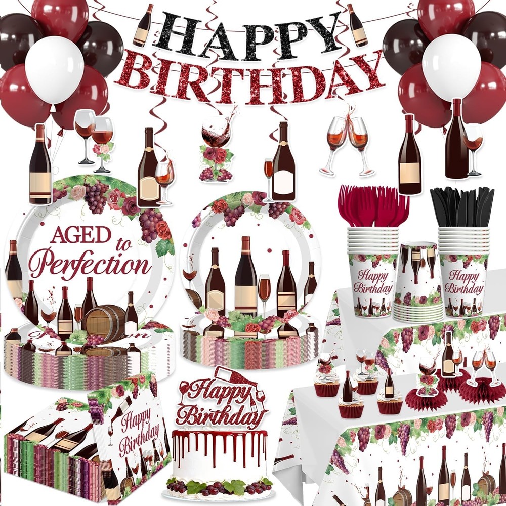Wine Themed «Aged to Perfection» Birthday Decorations for 25 Guests NEW