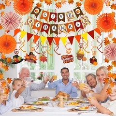 Give Thanks Pumpkin Maple leaf Paper Banner Triangle Flag Bunting Hanging