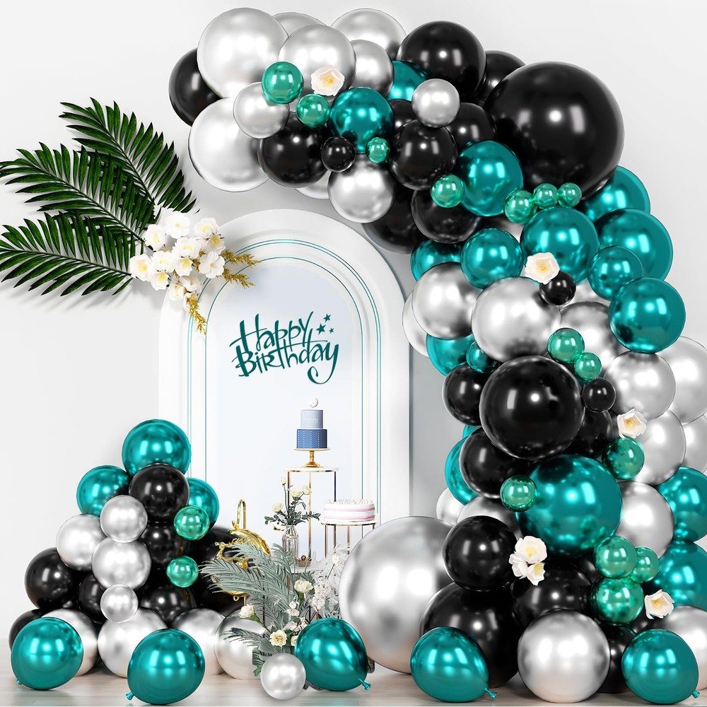 Chrome Teal Balloons Garland Arch Kit, Turquoise Silver Black Balloons Kit fo…