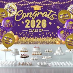 Purple and Gold Graduation Decorations Class of 2025 Banner with 18 Pcs Grad Bal