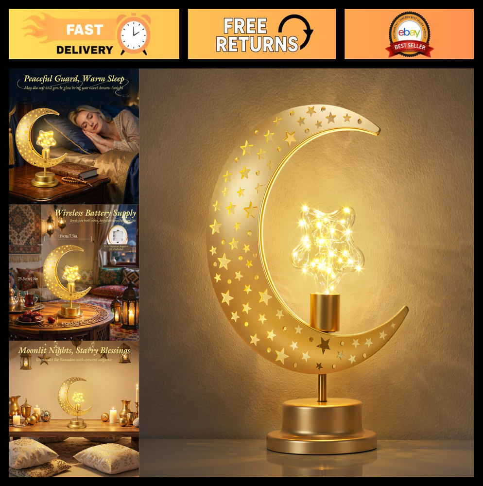 Crescent Moon & Star Ramadan Lamp – Battery Powered Eid Decor, Moroccan Table Li