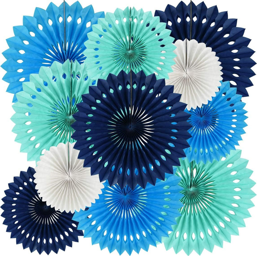 Blue White Hanging Honeycomb round Paper Fans Decoration Kit for Baby Boy Shower
