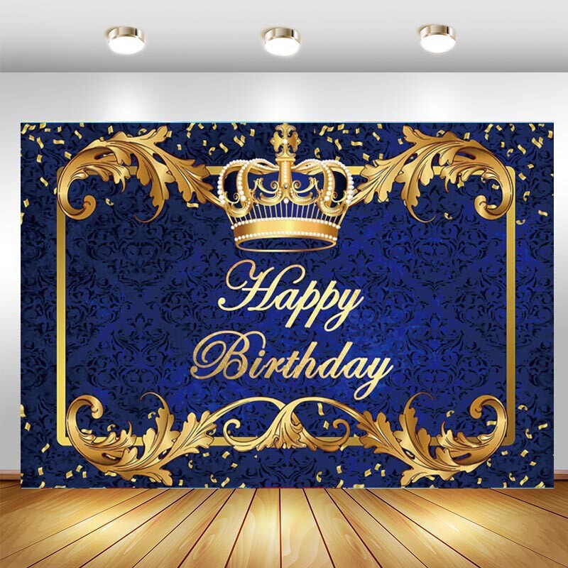 Royal Blue Gold Happy Birthday Backdrop Prince King Crown Photo Background Decor