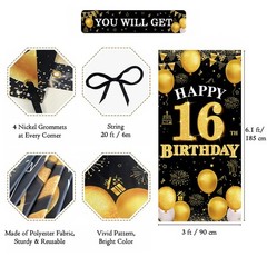 PHXEY Happy 16th Birthday Decorations for Girls and Boys, Black Gold