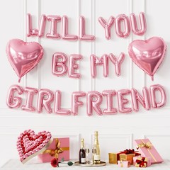 Pink Will You Be My Girlfriend Balloons Set, Valentines Day Balloon Banner wi…