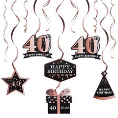 Happy 40th Birthday Decorations 12 Pcs Black Rose Gold Foil Swirls Forty Years