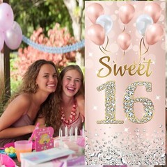Sweet 16 Birthday Decorations Door Banner for Girls, Pink Rose Gold Happy 16t…