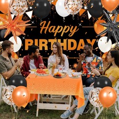 62pcs Orange Birthday Decorations Orange Black Happy Birthday Banner Backdrop…