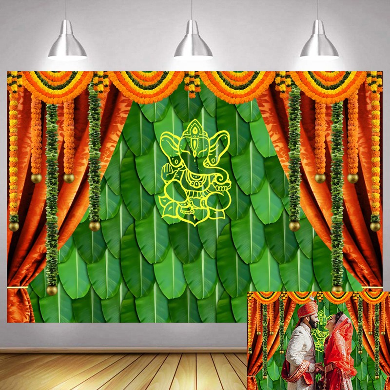 India Pooja Traditional Backdrop Banana Leaf Chatiya Ganesh Photo Background