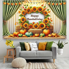 Thanksgiving Backdrop Banner 71×43″ Sunflower Pumpkins Outdoor Decor