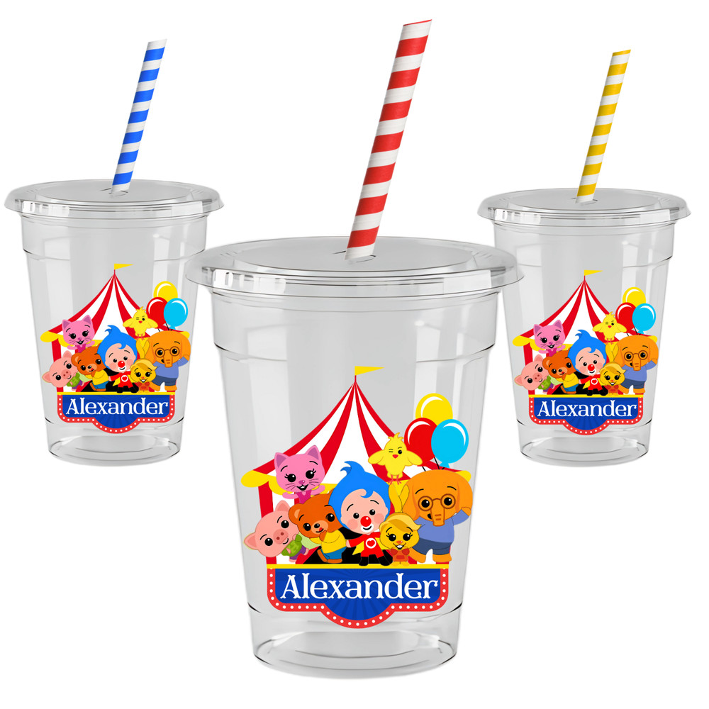 Plim Plim Circus Personalized Party Cups 16 oz | 12 Cups with Lids & Paper Straw