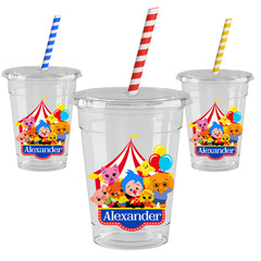 Plim Plim Circus Personalized Party Cups 16 oz | 12 Cups with Lids & Paper Straw
