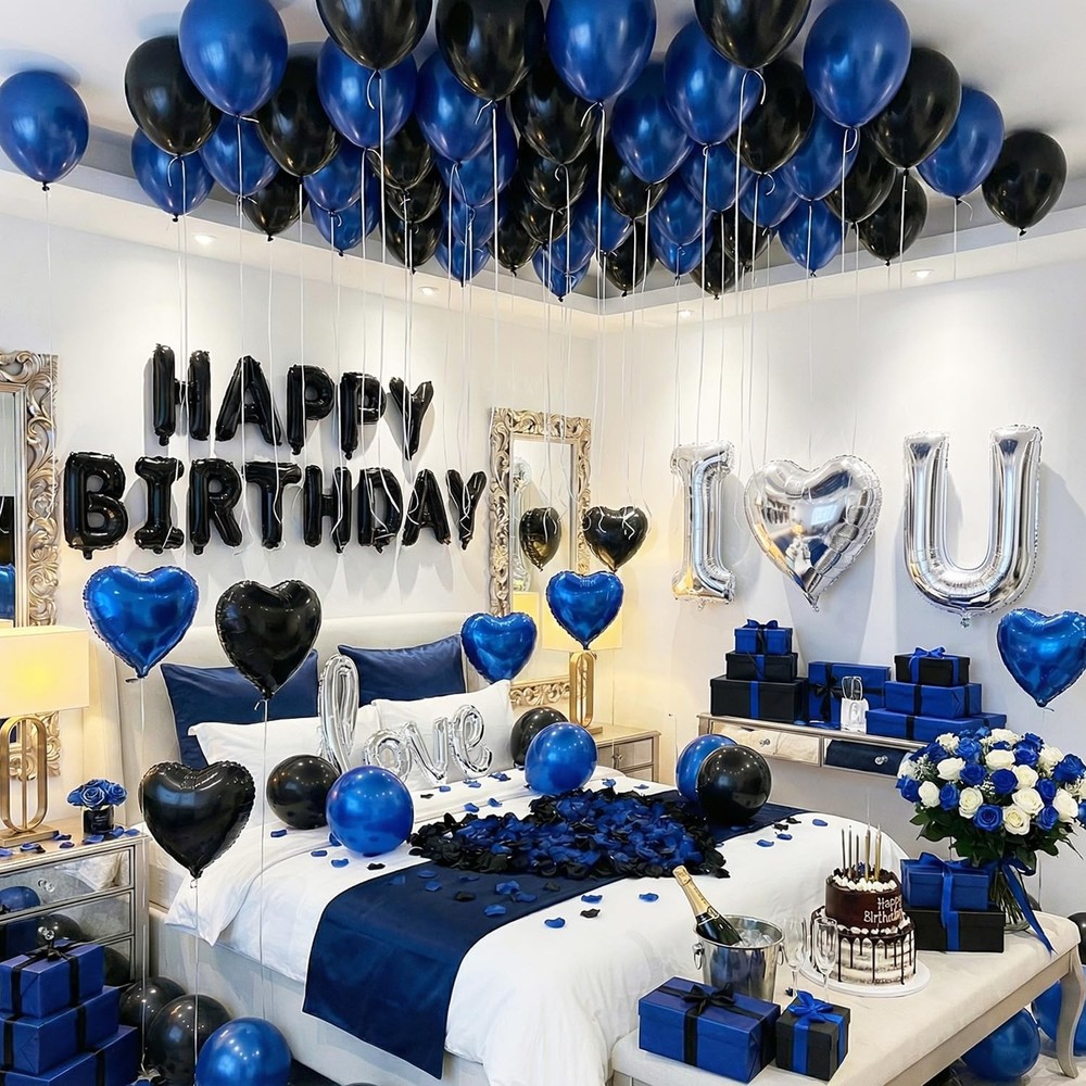 Blue Black Silver Balloons with I LOVE YOU & HAPPY BIRTHDAY Foil Balloons & R…