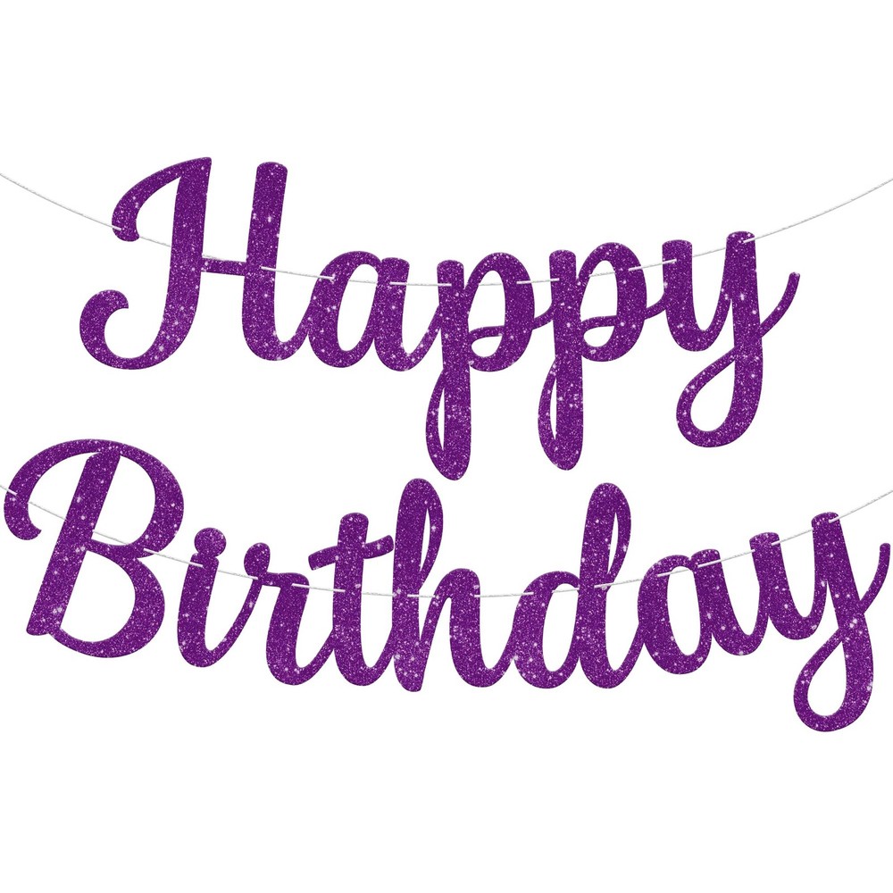 , Glitter Purple Cursive Happy Birthday Banner – Pre-Strung 10 Feet, Happy Bi…