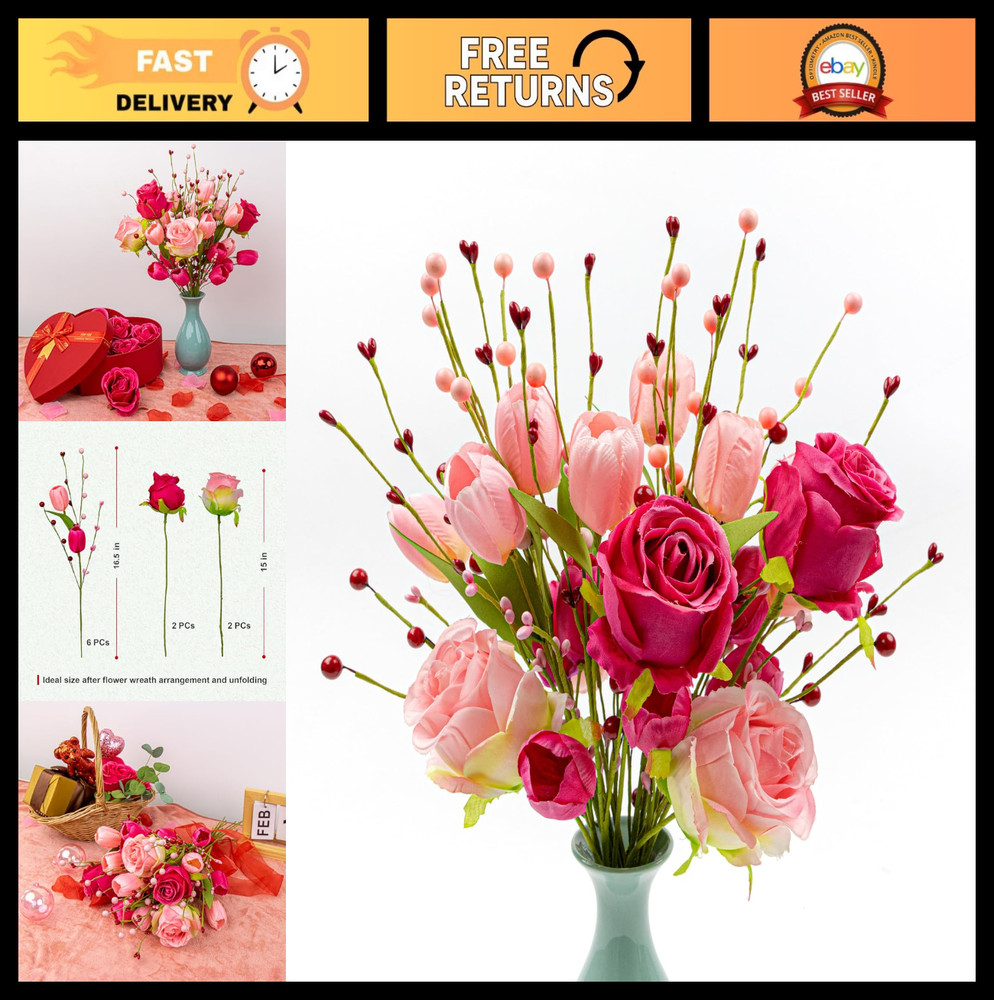 Romantic Valentine Centerpiece Decorations – 10 PCs Artificial Red Pink Flowers,