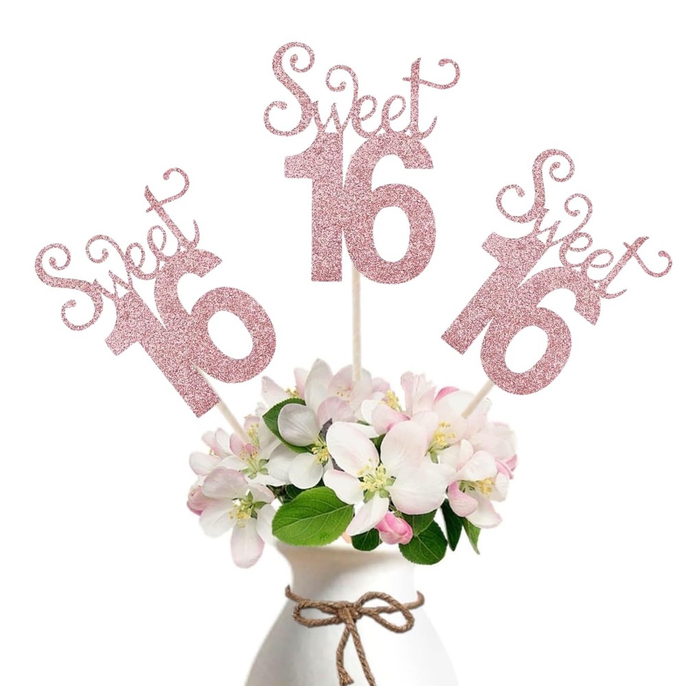 10-Pack Sweet 16 Centerpiece Sticks, Rose Gold Glitter, Number 16 Table Topper