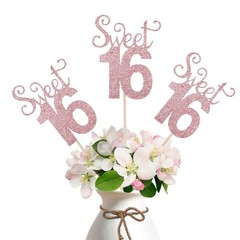 10-Pack Sweet 16 Centerpiece Sticks, Rose Gold Glitter, Number 16 Table Topper