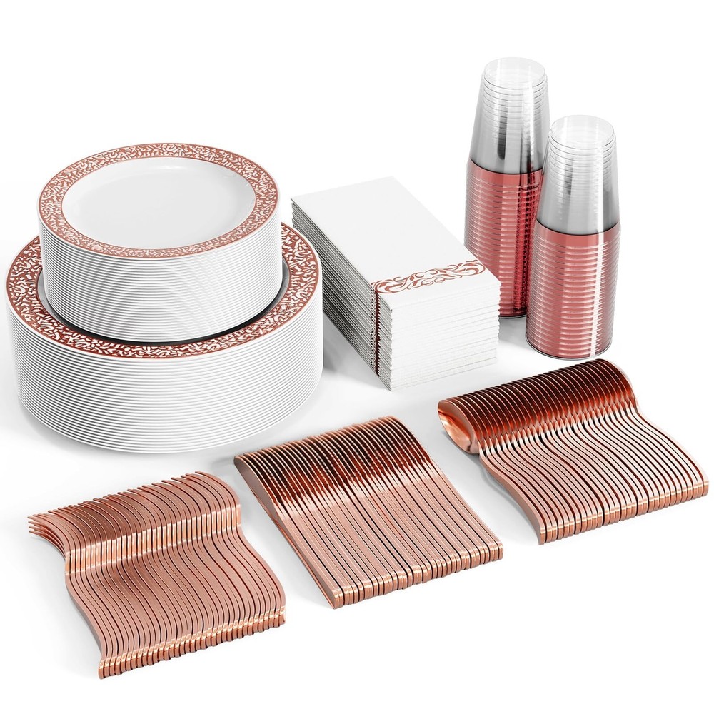 FOCUSLINE 350 Ct Rose Gold Dinnerware Set for 50 Guests, Rose Gold Lace Plast…