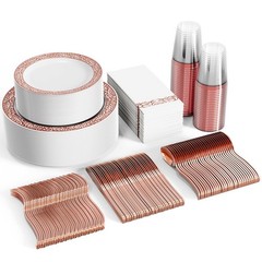 FOCUSLINE 350 Ct Rose Gold Dinnerware Set for 50 Guests, Rose Gold Lace Plast…