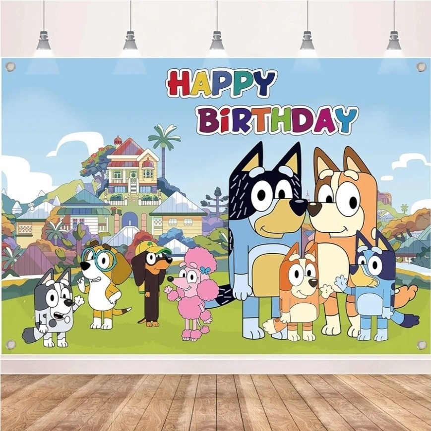 Bluey Sheepdog Happy Birthday Backdrop Kids Birthday Party Decoration 5x3ft