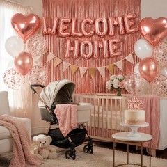 Rose Gold Welcome Home Decorations – Balloon Banner, Heart Foil Balloons & Fring