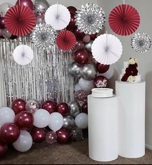 9 PCS Burgundy Crimson White Silver Paper Streamers Flower Fans Backdrop