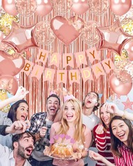 Cumpleaños De Rose Gold Decoracion Globos Banner Cortinas Set Para Mujer Hombre