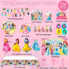 116 Pcs Princess Party Tableware Decorations Set Tablecloth Banner Balloons