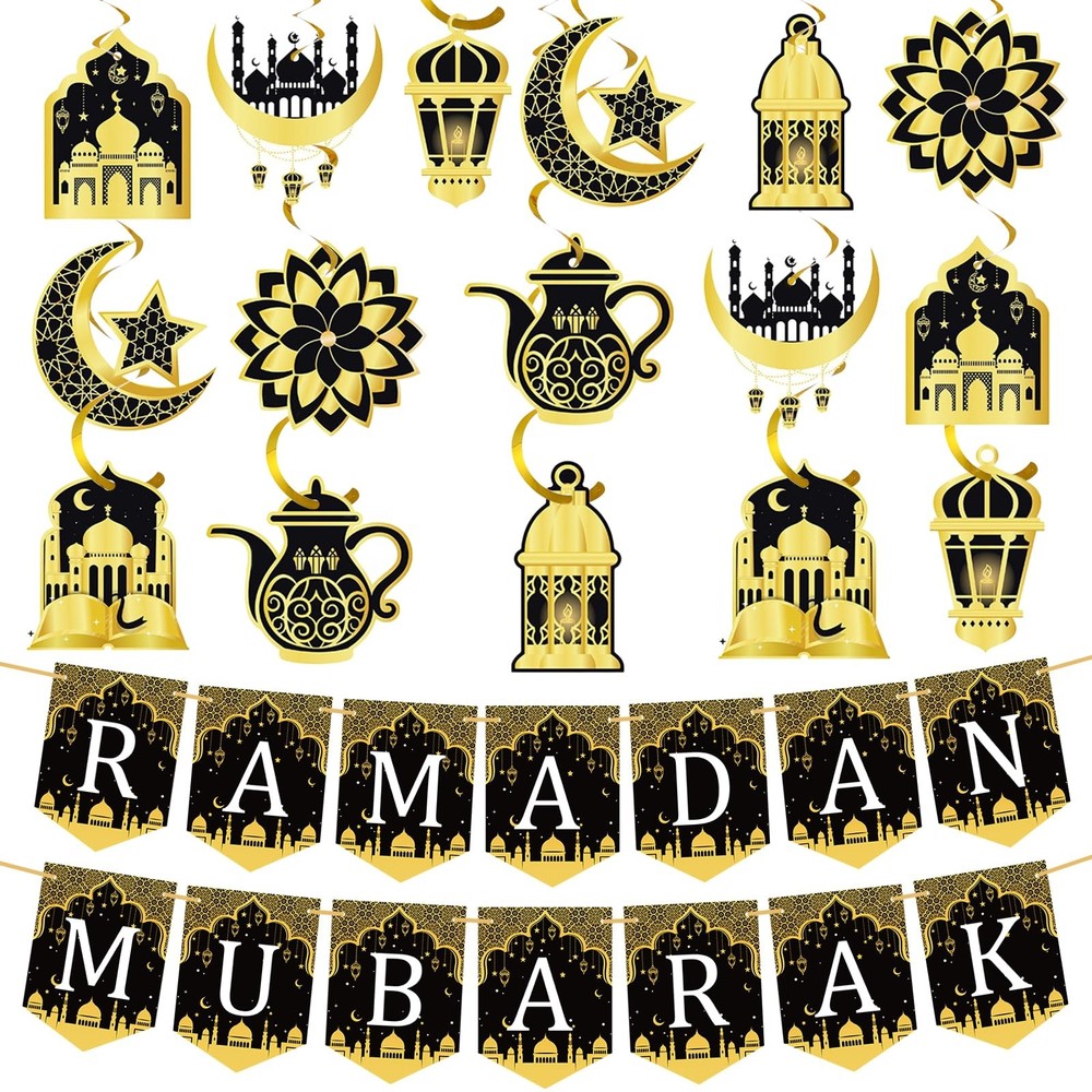 34 Pcs Ramadan Mubarak Banner Pre-Assembled Eid Mubarak Muslim Ramadan Decor