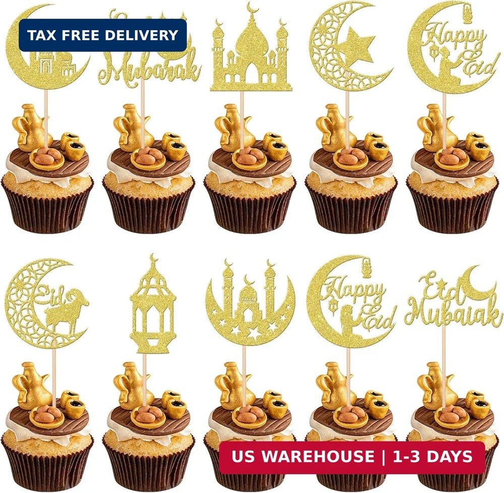 30 PCS Eid Mubarak Cupcake Toppers Glitter Moon Star Ramadan Cupcake Picks Happy