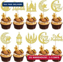 30 PCS Eid Mubarak Cupcake Toppers Glitter Moon Star Ramadan Cupcake Picks Happy