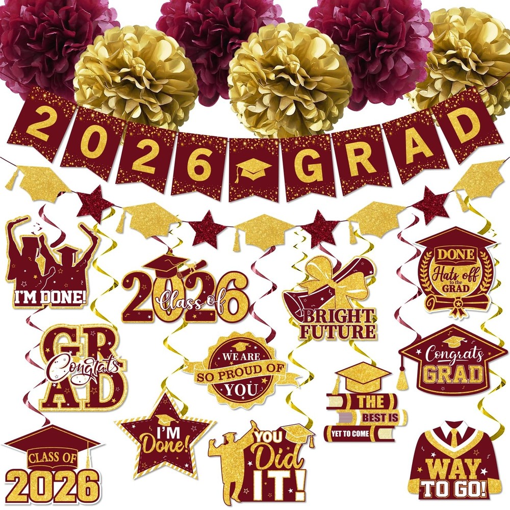 Graduation Decorations 2026, 2026 Grad Banner and Congrats Grad Hanging Swirls..