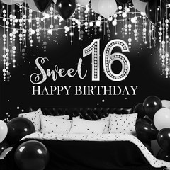 Mocsicka Sweet 16 Birthday Backdrop Glitter Silver 7x5ft,