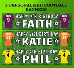 2 PERSONALISED FOOTBALL SHIRT BIRTHDAY PARTY BANNER UNITED CITY TEAM ANY COLOUR